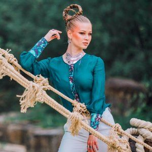 Silk Teal blouse with wide cuffs